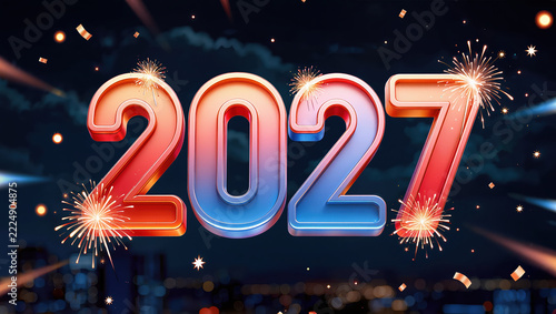 Colorful 2027 numerals glow amid fireworks and confetti