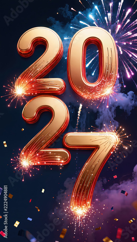 Glowing gold numerals celebrate festive New Year with colorful fireworks and confetti