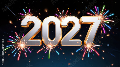 Golden 2027 numerals with colorful fireworks illuminating dark night sky