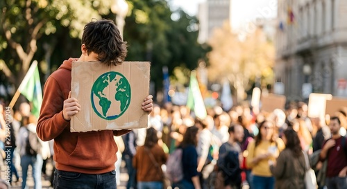 Man in brown hoodie holding cardboard Earth sign in crowd