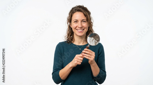 Curious Woman Holding Magnifying Glass Smiling Female Investigator Discovery Research Analysis