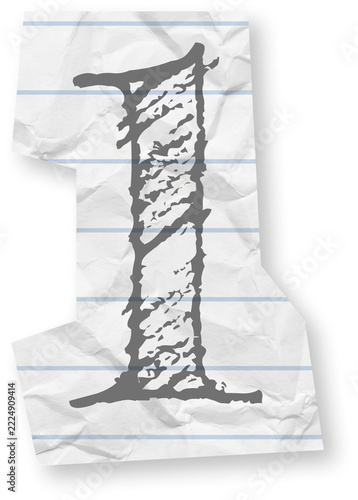 Hand drawn number one on a piece of crumpled lined notebook paper.