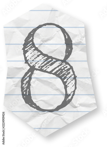 Hand drawn number eight on a piece of crumpled lined paper.