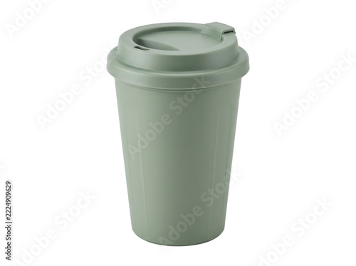 Reusable Sage Green Coffee Cup Standing Isolated on White Background with Copy Space for Eco-Friendly Sustainable Lifestyle Concept