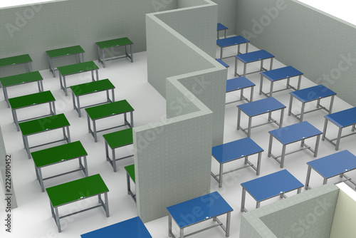 3D render of an industrial workshop divided by a zigzag partition wall. Isolated, cut out, transparent background. Features green and blue workbenches in a clean factory layout.