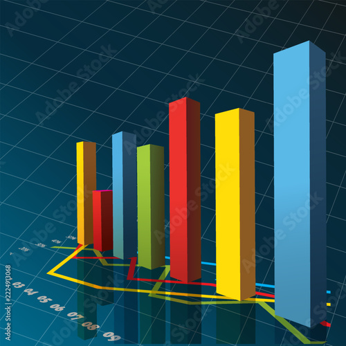 Business success and financial progress concept with growing bar graphs, stock trading trend arrows, and golden coin stacks on isolated background.