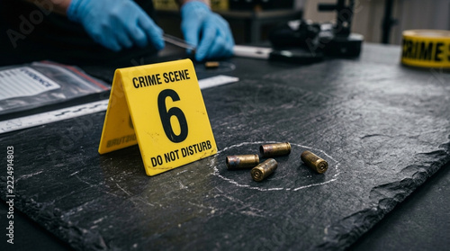 Crime Scene Investigation Bullet Casings Marked with Yellow Evidence Marker on Slate Surface