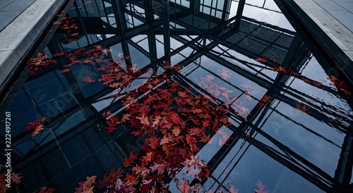 Red autumn leaves floating on dark water reflecting modern architecture
