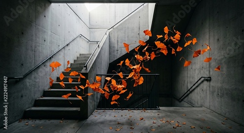 Vibrant orange autumn leaves swirling through modern concrete staircases