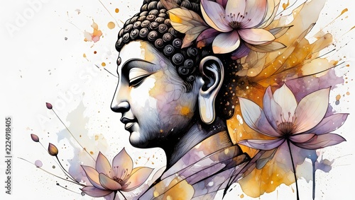 Serene Buddha Watercolor Art with Lotus Flowers