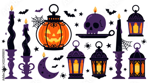 Halloween Candles and Lanterns Collection Flat Vector_26
