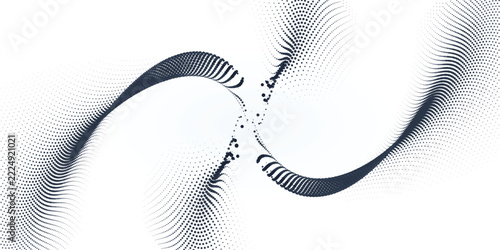 Abstract particle wave background vector, modern dark blue halftone dots banner, flowing digital sound wave texture
