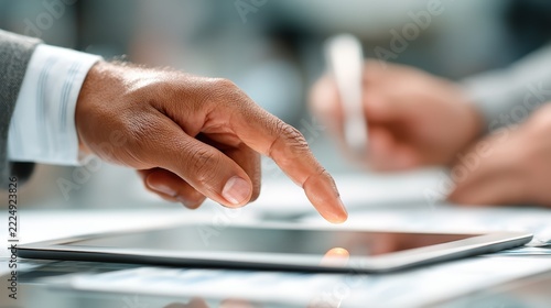 Close-up of Businessman Hand Touching Digital Tablet Screen During Office Meeting