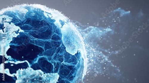 Digital Planet Earth with Glowing Blue Mesh Network and Data Particle Stream Background