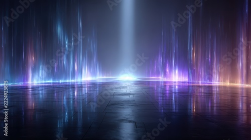 Abstract Futuristic Stage Background with Glowing Blue and Purple Neon Vertical Light Beams