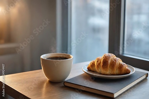 Golden Croissant and Black Coffee on a Book by a Window