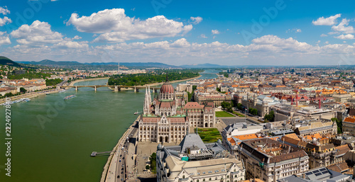 Aerial Panorama of the Hungarian Parliament Building over the Danube in Budapest
