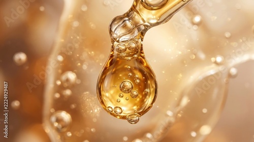 Golden liquid drop with small bubbles suspended, illuminated against a blurred amber background