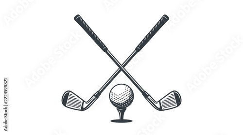 Two crossed golf clubs with a ball on a tee