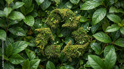 Recycling Symbol Made of Green Moss on Leaves Environment Concept
