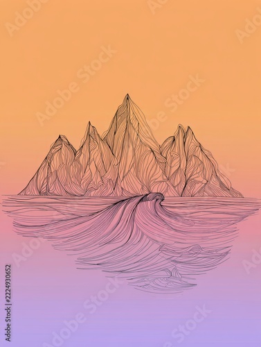 Abstract Mountain and Wave Landscape Line Art