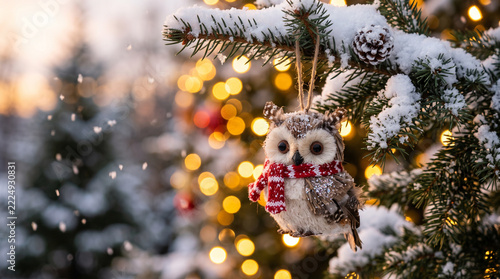 Cute Owl Ornament Hanging on Snowy Christmas Tree with Lights