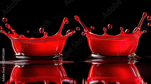 highspeed. Red liquid droplets splashing in sharp angular patterns on a smooth black surface with dramatic lighting. bar promotions.