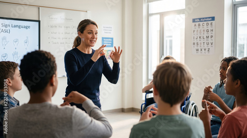 Instructor demonstrating sign language to diverse students in bright classroom, fostering inclusive communication and learning