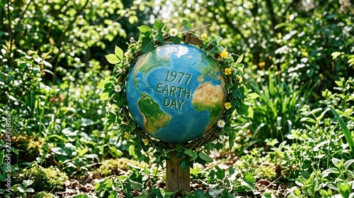 Earth Day globe ornament nestled in green garden shrubbery.