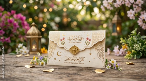 Eid Mubarak greeting card on wooden table with flowers lantern.