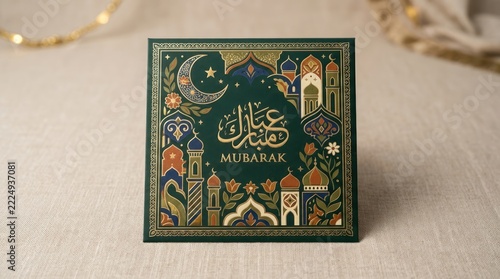 Eid Mubarak greeting card with green and gold ornaments.