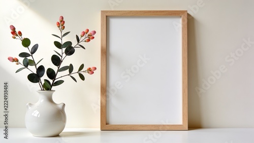 Minimalist Wooden Picture Frame Mockup with White Ceramic Vase and Coral Flower Buds in Soft Natural Light on Neutral Interior Background