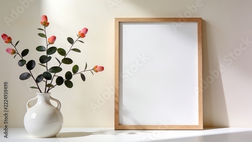 Minimalist Wooden Picture Frame Mockup with White Ceramic Vase and Coral Flower Buds in Soft Natural Light on Neutral Interior Background