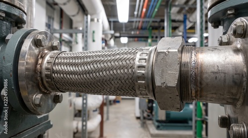 Stainless Steel Flexible Pipe Connector, Braided Metal Hose and Industrial Plumbing Fitting in Mechanical Plant Room