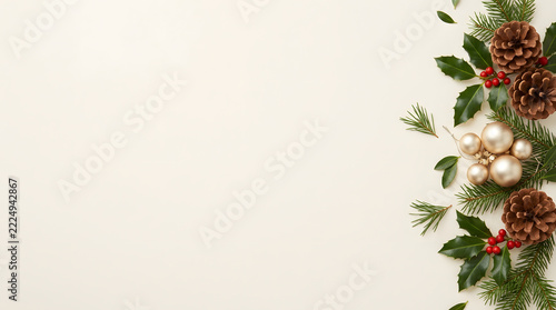 Christmas border with pine cones holly berries and golden ornaments for holiday greeting card design
