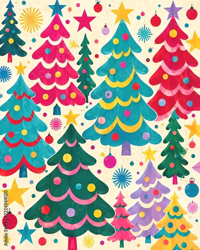 Colorful Groovy Retro Christmas Trees Teal and Berry Vintage Illustration
