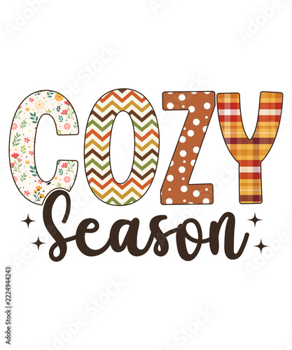 Cozy season t-shirt design with autumnthemed patterns, floral, chevron, polka dot, and plaid designs, isolated on transparent background