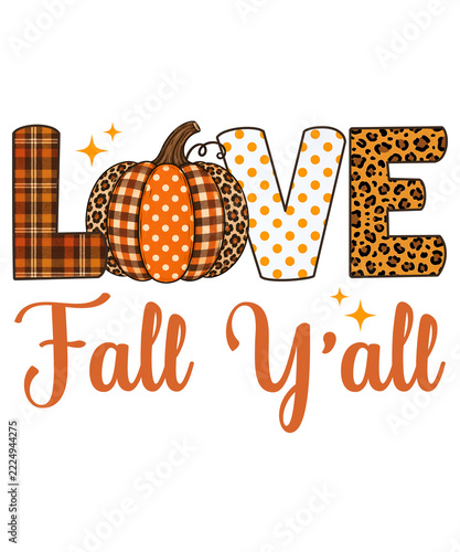 Love fall yall autumn t-shirt design with pumpkin, plaid, leopard print, and polka dot patterns, isolated on transparent background