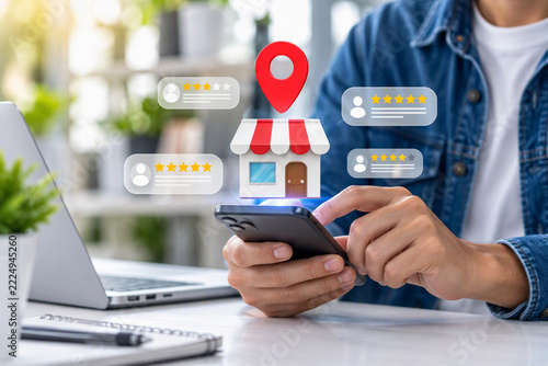 Local business reviews and customer feedback system on mobile device, showcasing star ratings for small businesses. Digital marketing, local SEO, and consumer experience in online business reviews