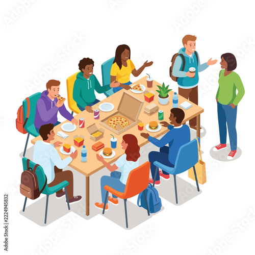 Diverse group of young students eating pizza and having lunch together in a canteen.