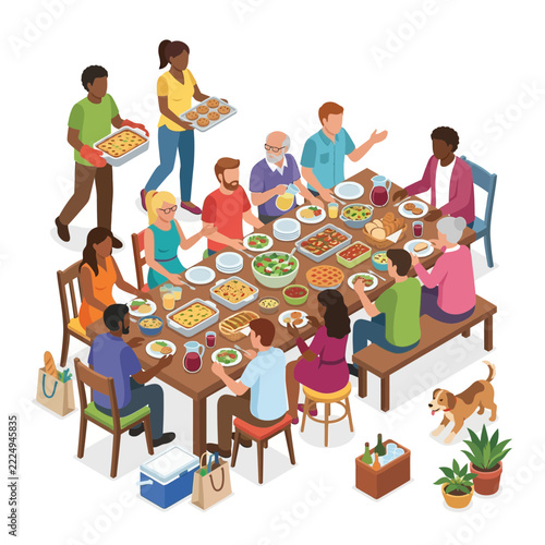 Isometric vector illustration of a diverse family gathering sharing a large dinner meal.