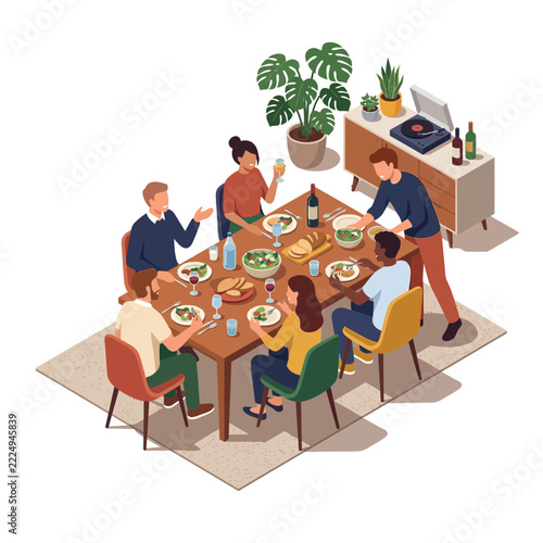 Diverse group of happy friends enjoying a dinner party together around a large table.