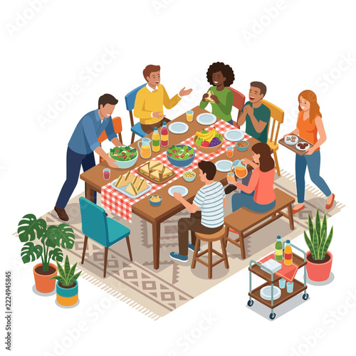 Diverse group of happy friends gathered around a dining table enjoying a meal together.