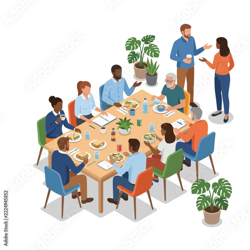 Diverse group of business people having lunch together in modern office canteen.
