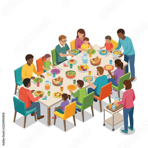 Diverse multiethnic group of families enjoying a big dinner together around a table.