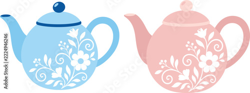 Pastel Blue and Pink Vintage Teapots with white Floral 2d flat vector