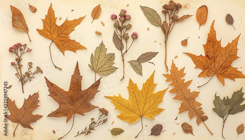 
Herbarium set with pressed autumn leaves and dried flowers
