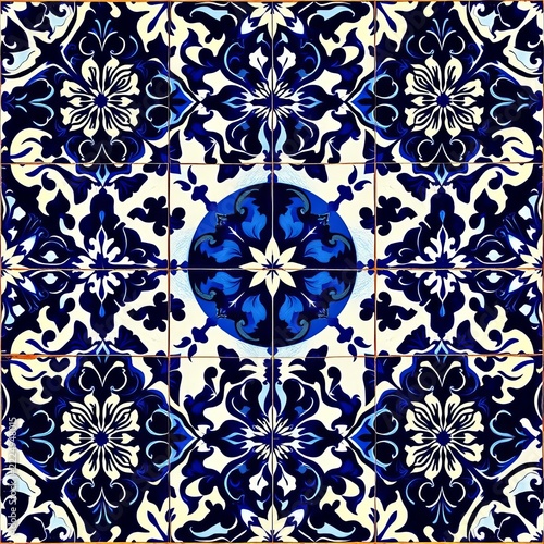 Indigo blue azulejos tile design with intricate Portuguese vector patterns, decorative tile, kitchen tile