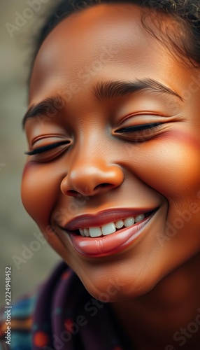 Warmly smiling face with gentle eyes, peaceful expression, calm, soft focus