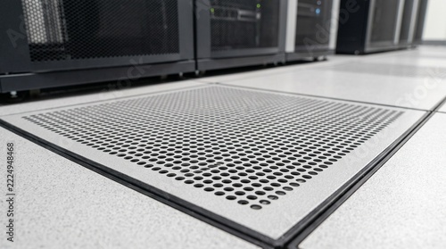 Perforated raised-floor tile, access floor ventilation panel, server room cooling grate in data center 